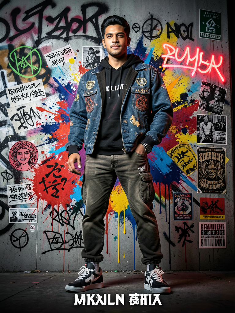 Create a high-detail portrait poster in a bold Japanese graf