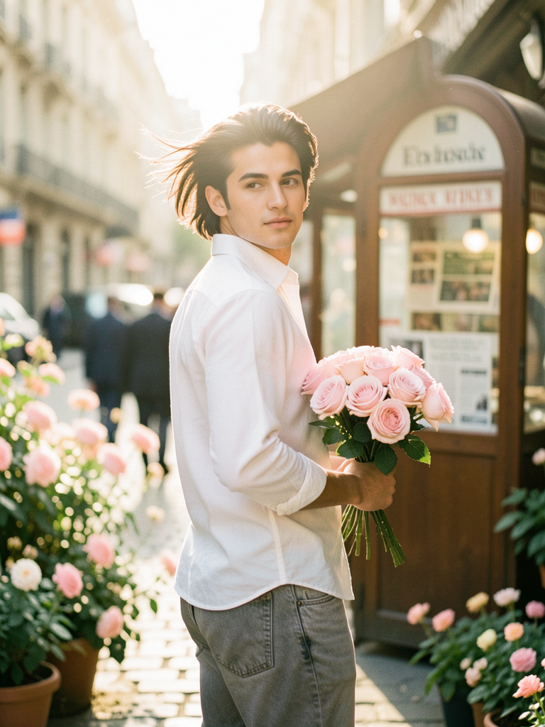 A beautiful young man with dark flowing hair holding a bouqu