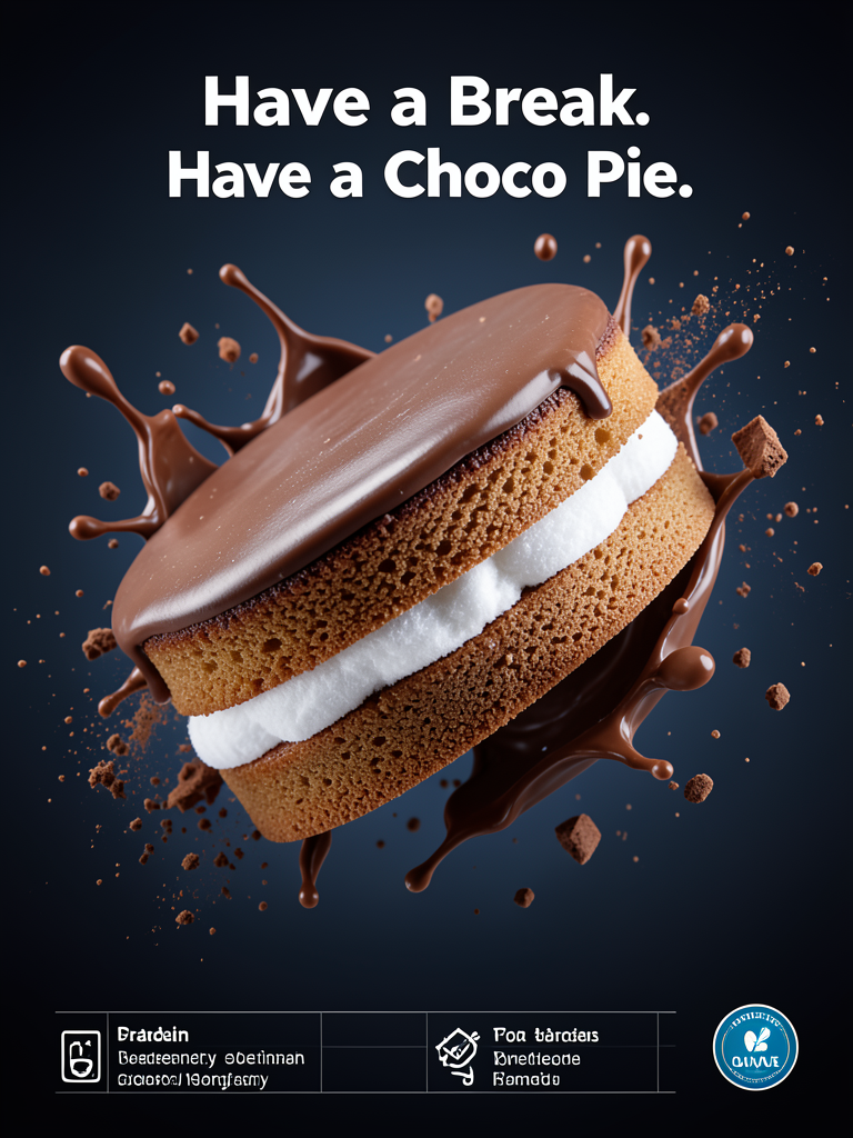 主题与主体
高级商业广告摄影,一颗精致的Choco Pie悬浮于画面中央,呈现出微妙的动态倾斜角度。微距摄影视角捕捉其松