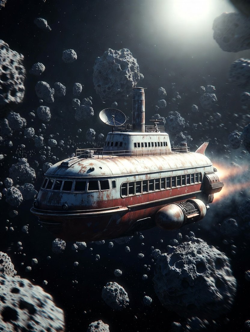 {
  "prompt": "retro-futuristic submarine spaceship flying t