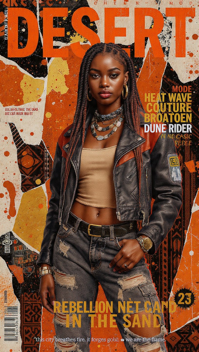 A high-fashion magazine cover titled "DESERT" features a wom