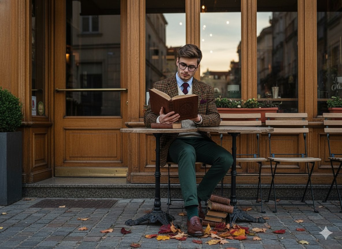 stylish man in vintage preppy outfit reading a book outside