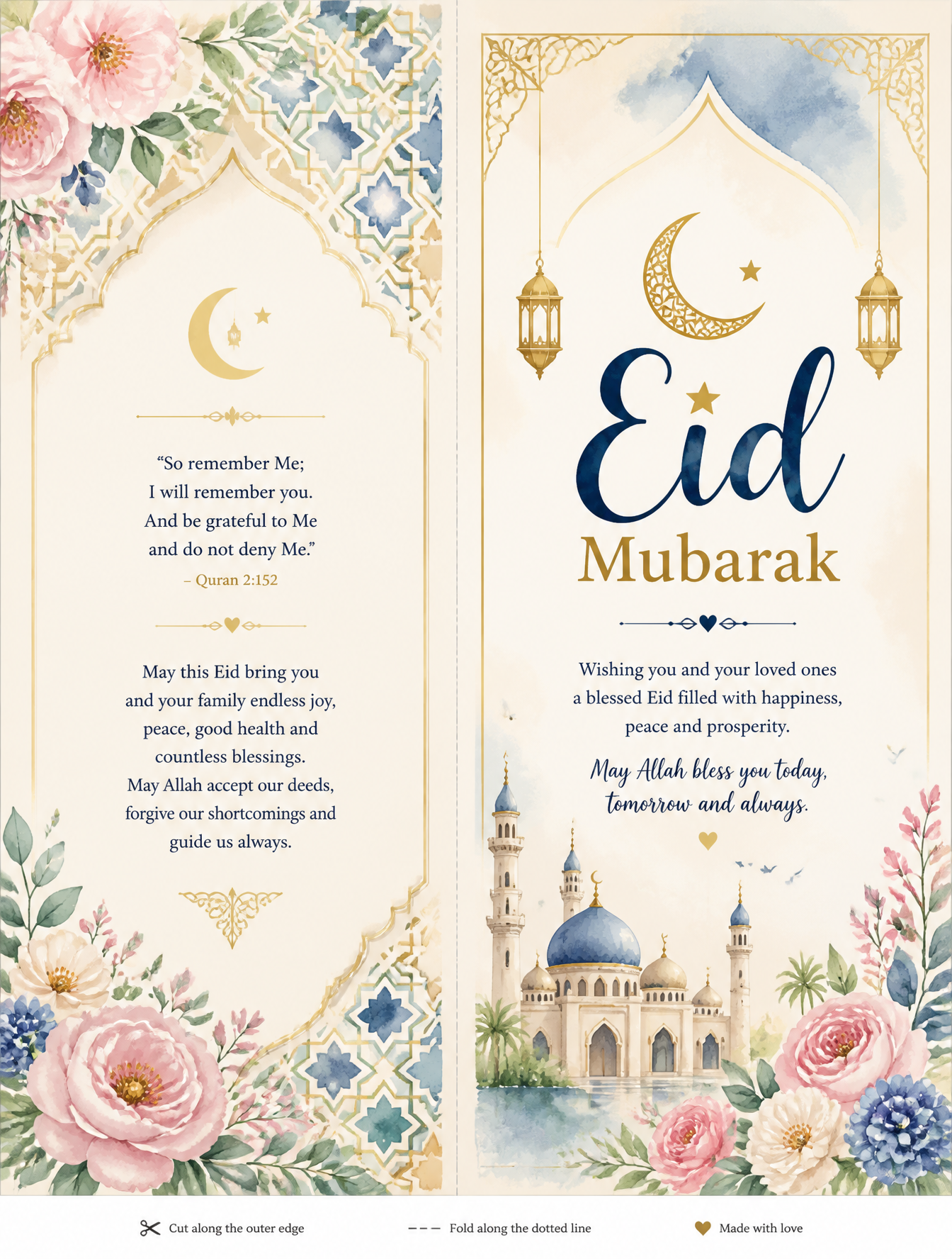 Generate a printable Eid greeting card template with waterco