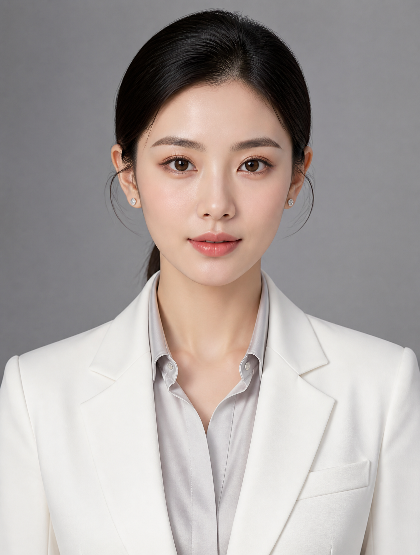 人物肖像照，正面，28岁东亚年轻女生，28岁亚洲女性职业肖像，乌黑低丸子头，佩戴简约白金耳钉（直径8mm）。五官特征：粉