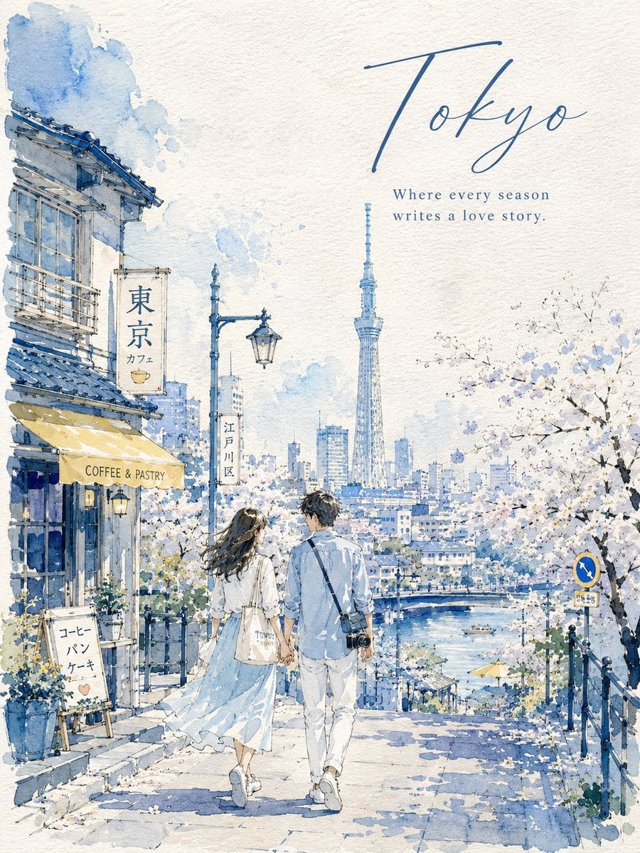 Create a 3:4 vertical watercolor urban sketch travel poster 