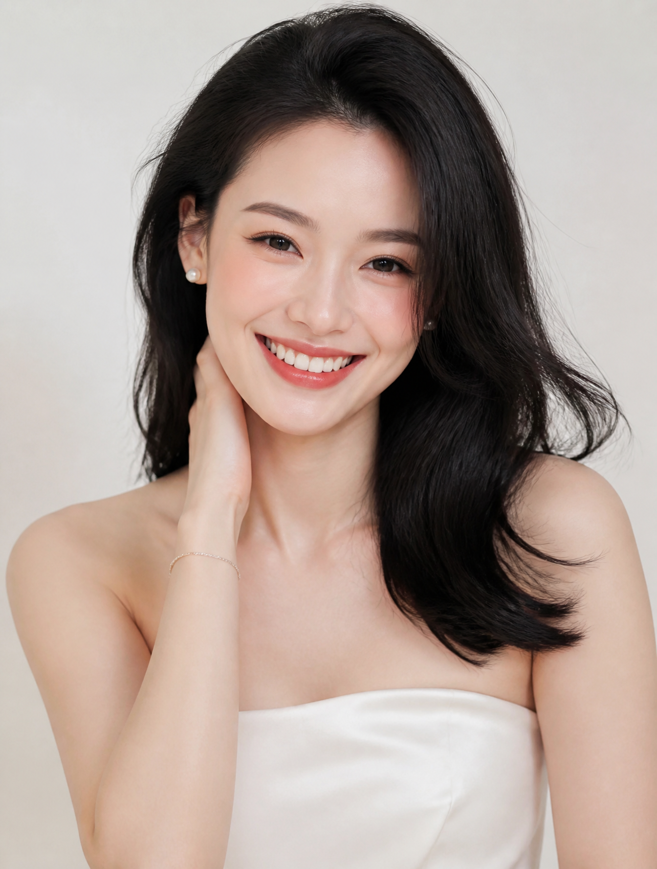 人物肖像照，正面，帮我生成肖像照，正面，28岁亚洲女性肖像，舒淇同款明媚笑容，鹅蛋脸，额头饱满，下颌线流畅。眉毛是自然的
