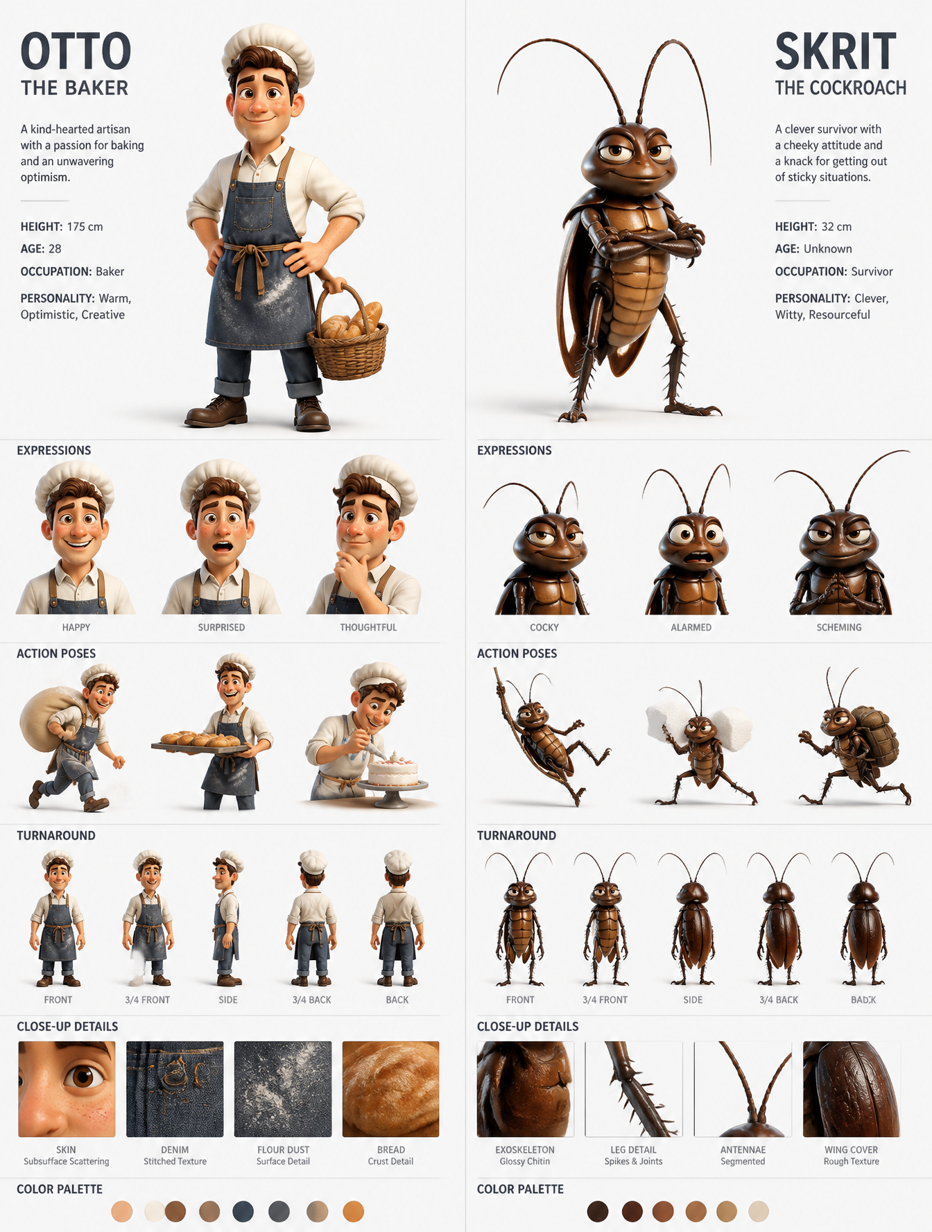 A professional 3D character design sheet displays two distin