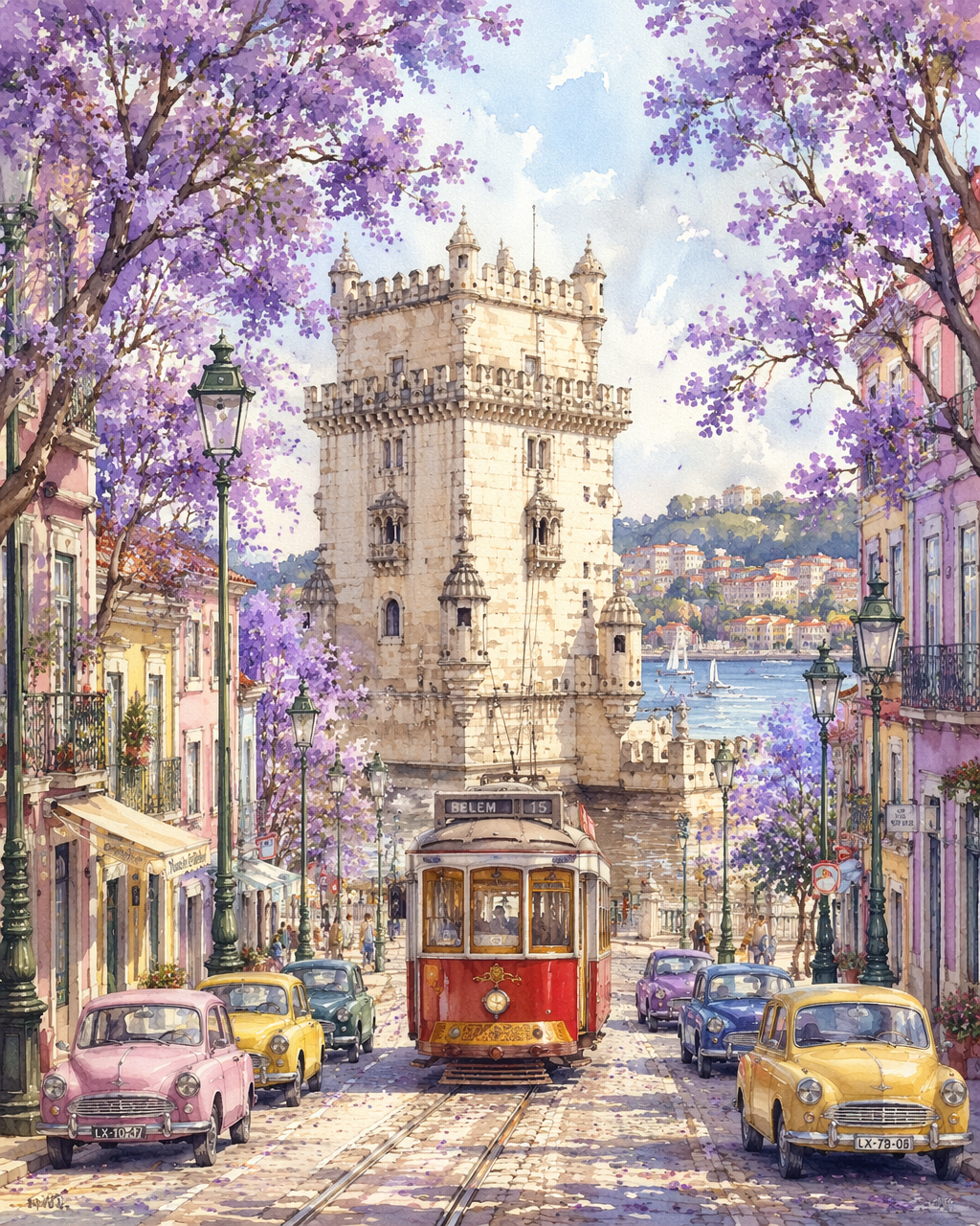 Vertical watercolor illustration, street view of Belém Tower
