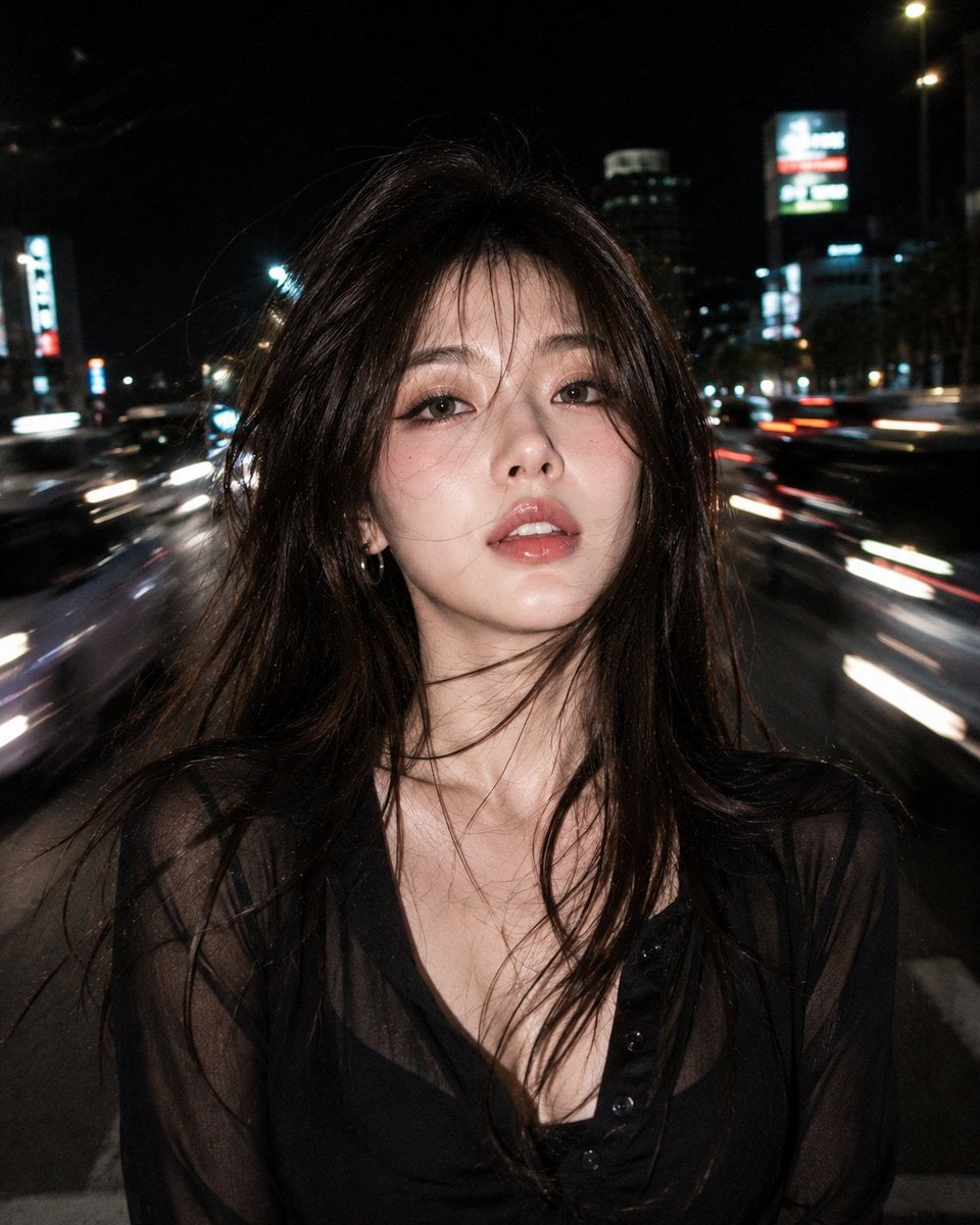 Ultra realistic RAW night flash portrait of a beautiful youn