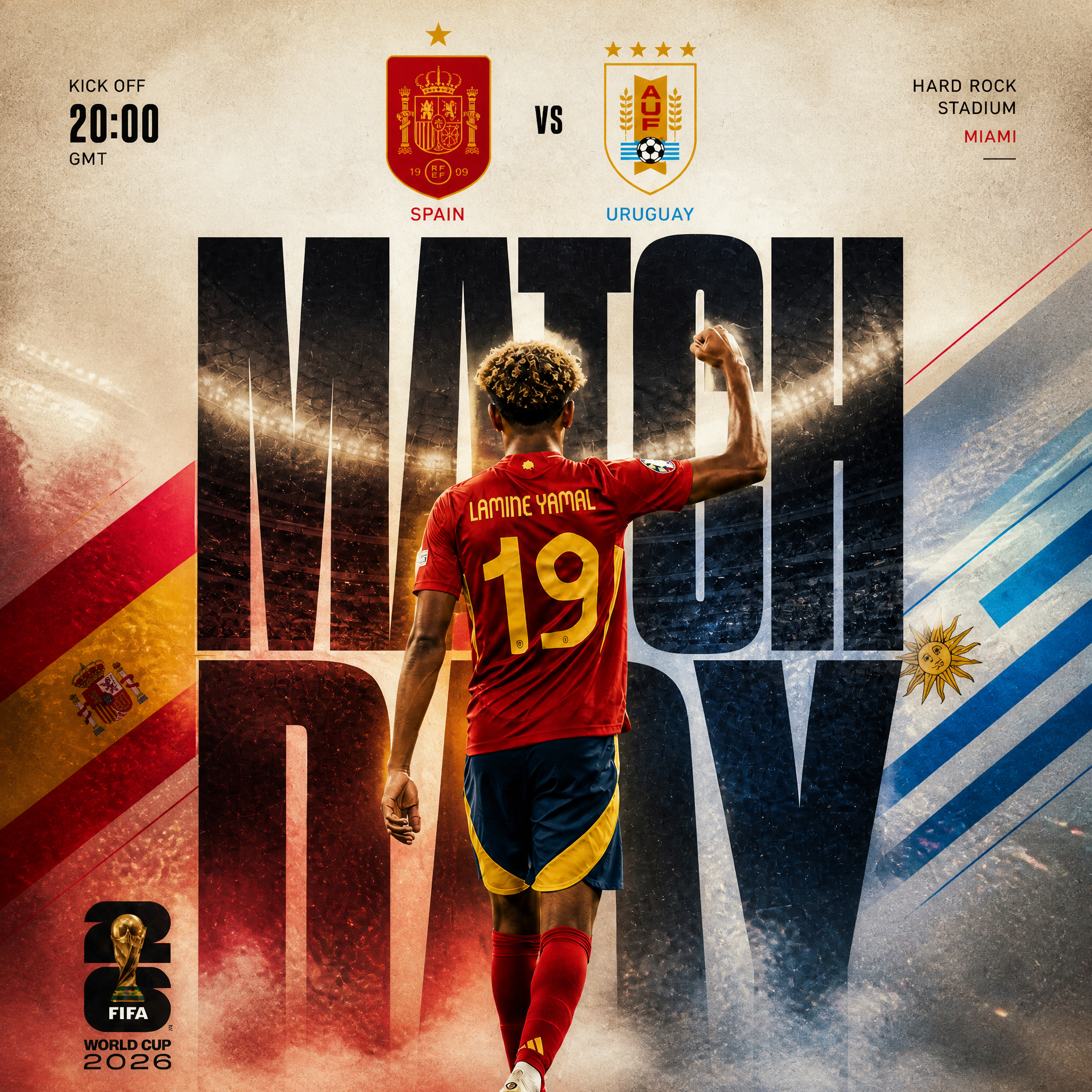 Dynamic football match day poster, Lamine Yamal viewed from 