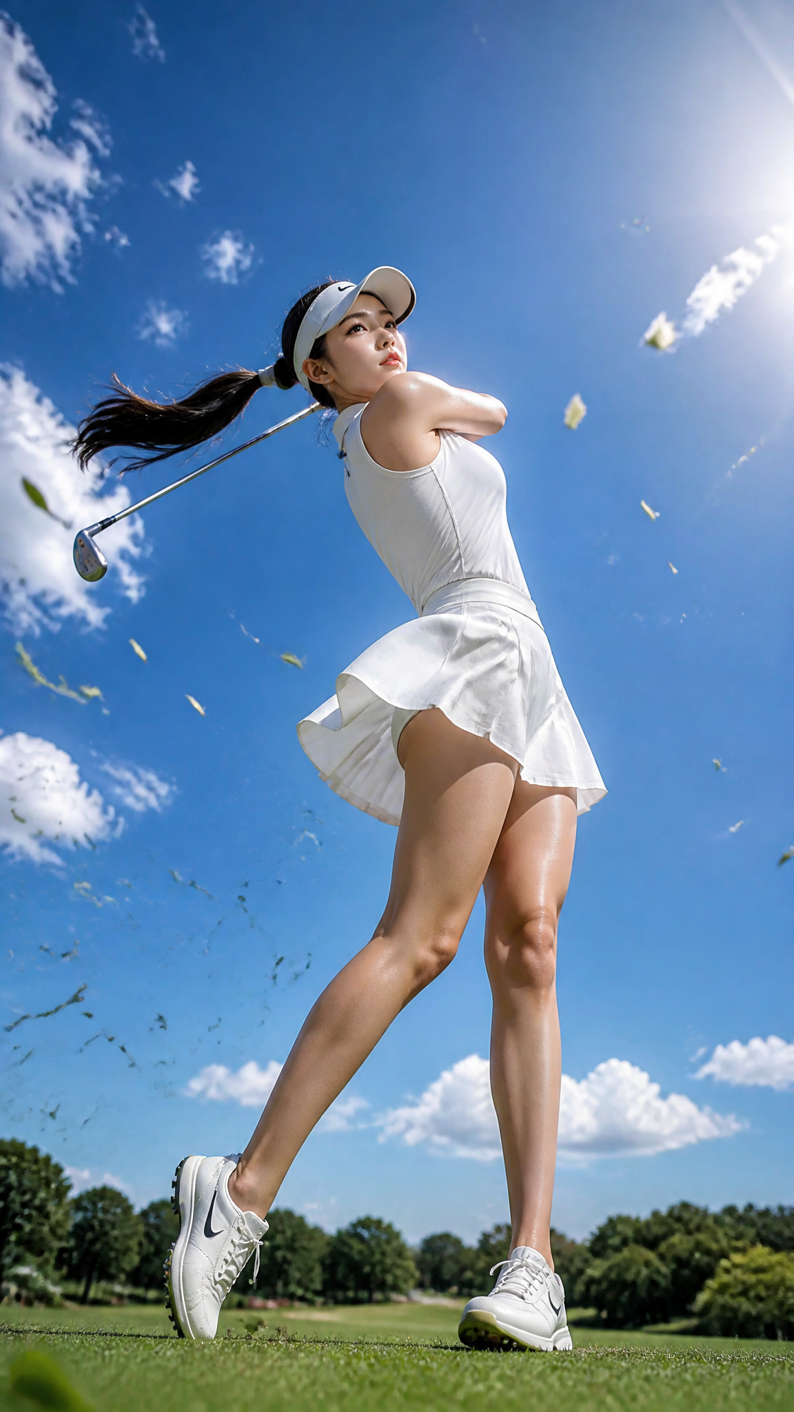 25岁东亚职业女性高尔夫运动员完成职业级收杆动作，身体完全展开，重心压向前脚，后脚脚尖轻点地面；双手高举完成收杆，球杆自