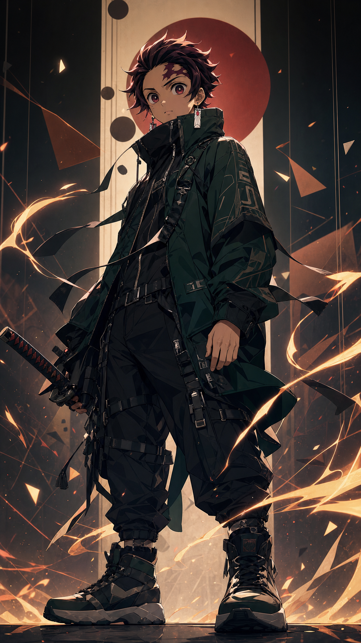Tanjiro Kamado, modern techwear aesthetic, confident battle-