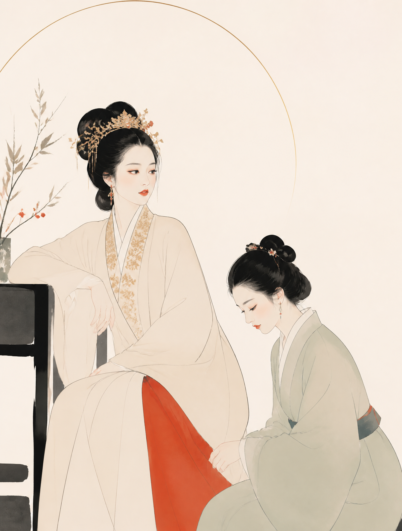 一张极简主义现代杂志风格插画,主体为红楼梦里的王熙凤和平儿。画面以干净流畅的线条塑造形象,造型简洁但富有美感,背景保留大