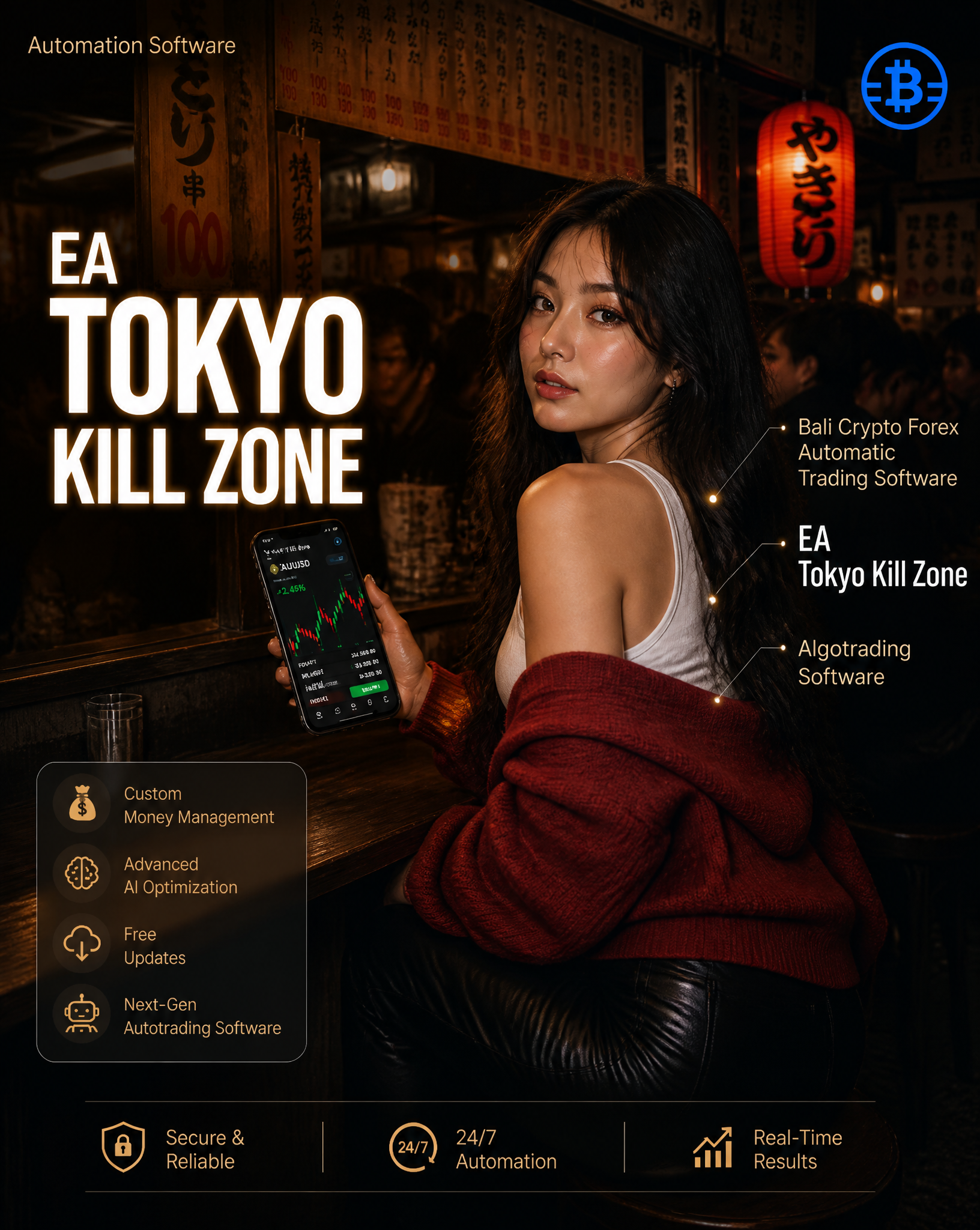 Advertisement poster for “BALI CRYPTO FOREX” product: EA Tok