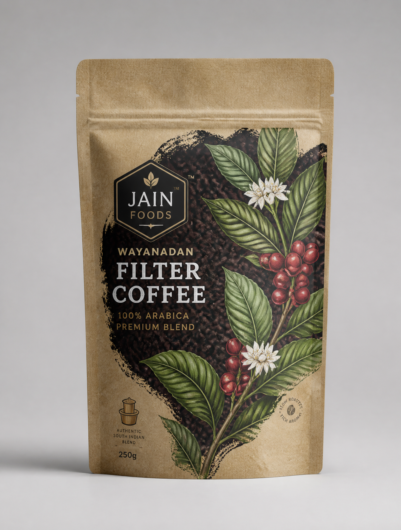 A vertical kraft paper stand-up pouch for "Jain Foods Wayana