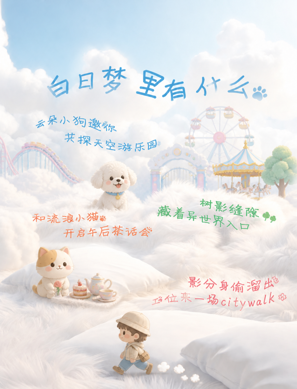 根据画面，和[image2]文字内容，分别加上小狗，游乐园，小猫和走路的卡通小元素