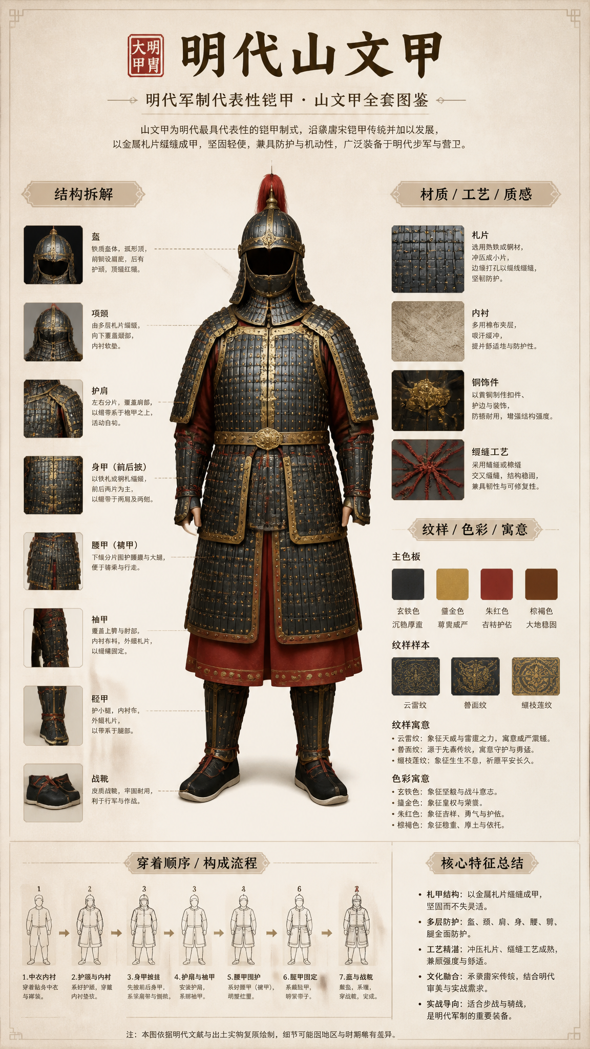 请根据明代甲胄自动生成一张[博物馆图鉴式中文拆解信息图]。

要求整张图兼具真实写实主视觉、结构拆解、中文标注、材质说明
