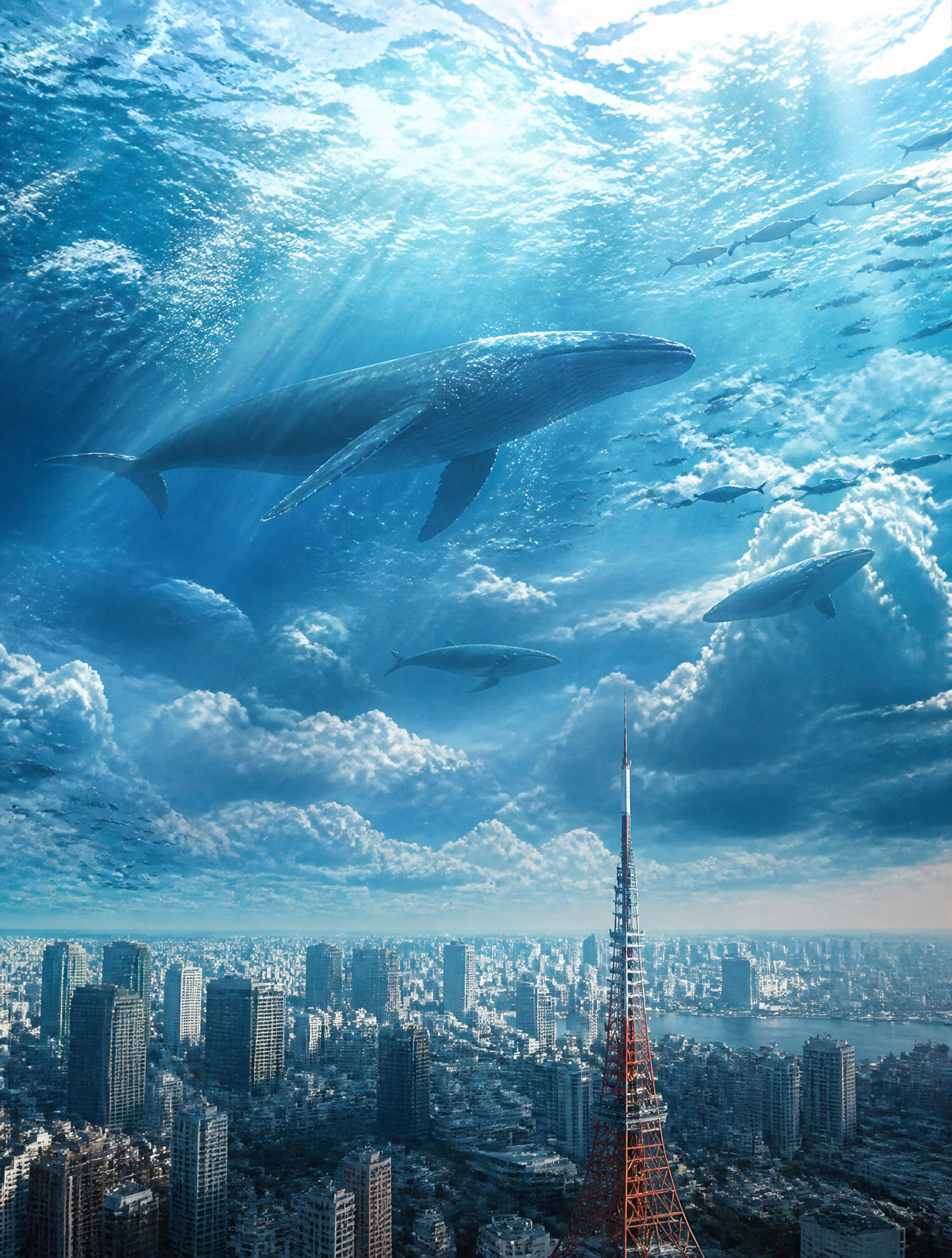 Massive ocean floating in the sky above a modern city, whale