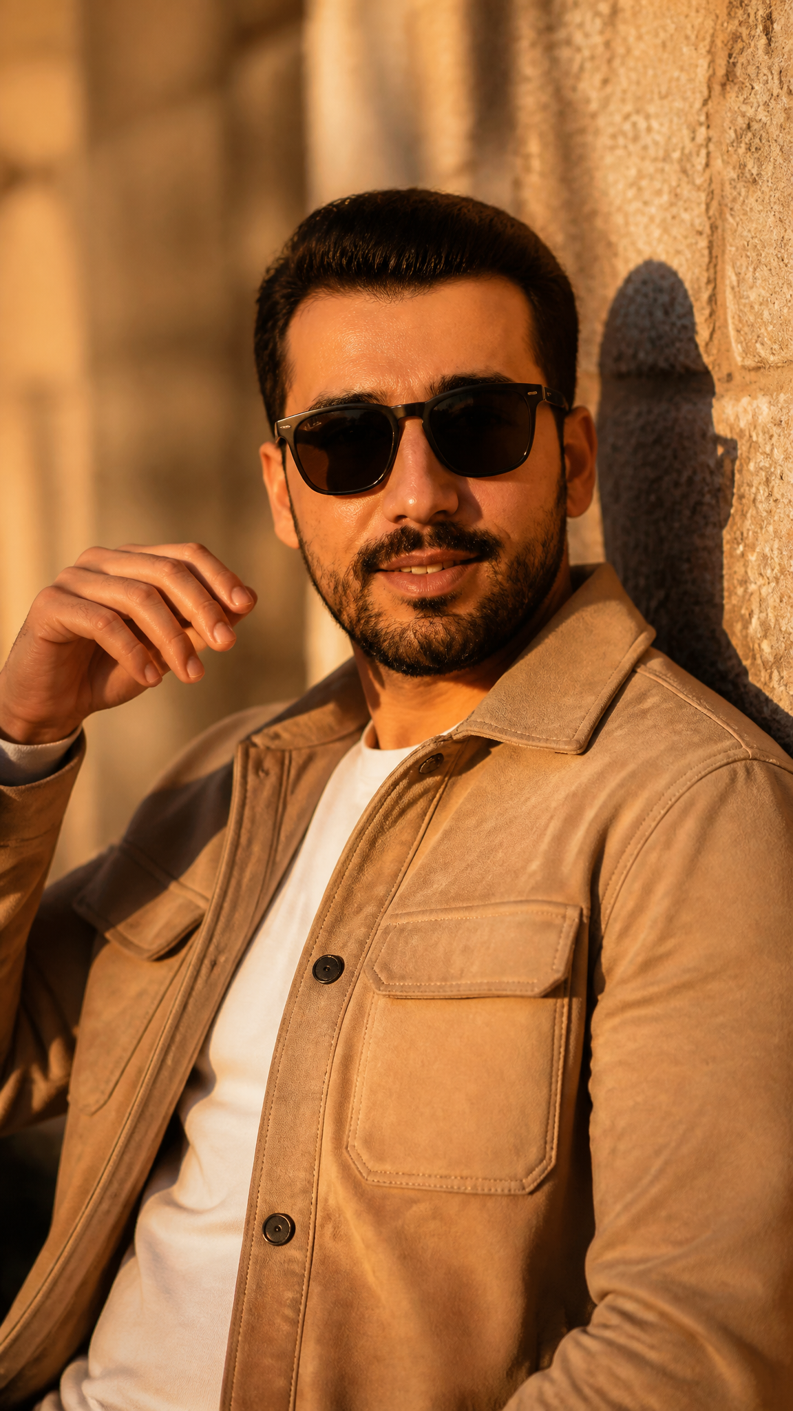 A cinematic golden hour portrait of a stylish man leaning ag
