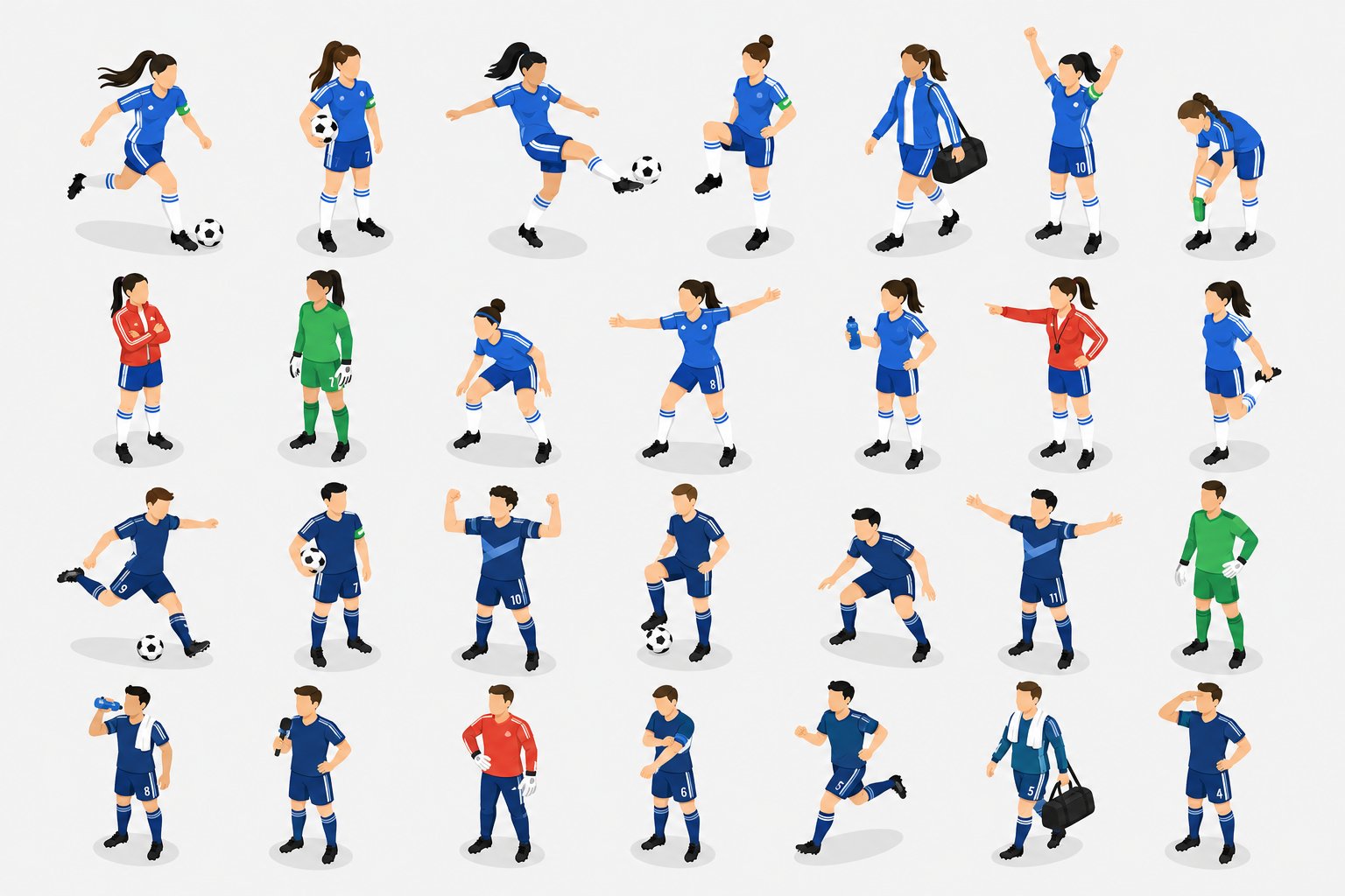 An isometric-style character pose sheet featuring multiple f