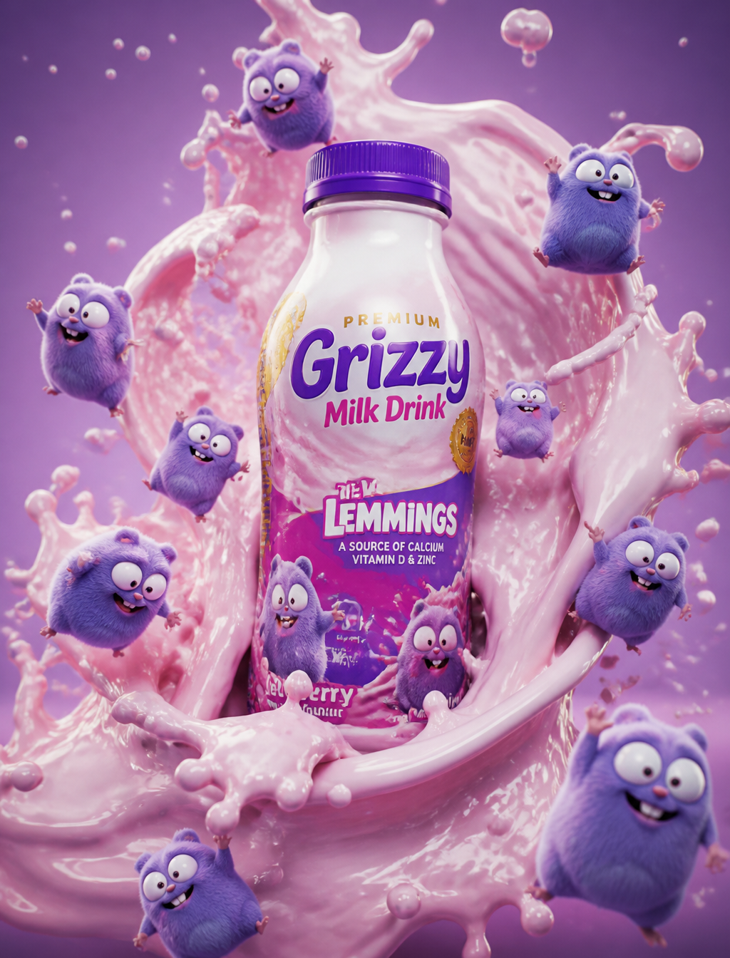 Premium grizzy milk drink bottle surrounded by swirling "the