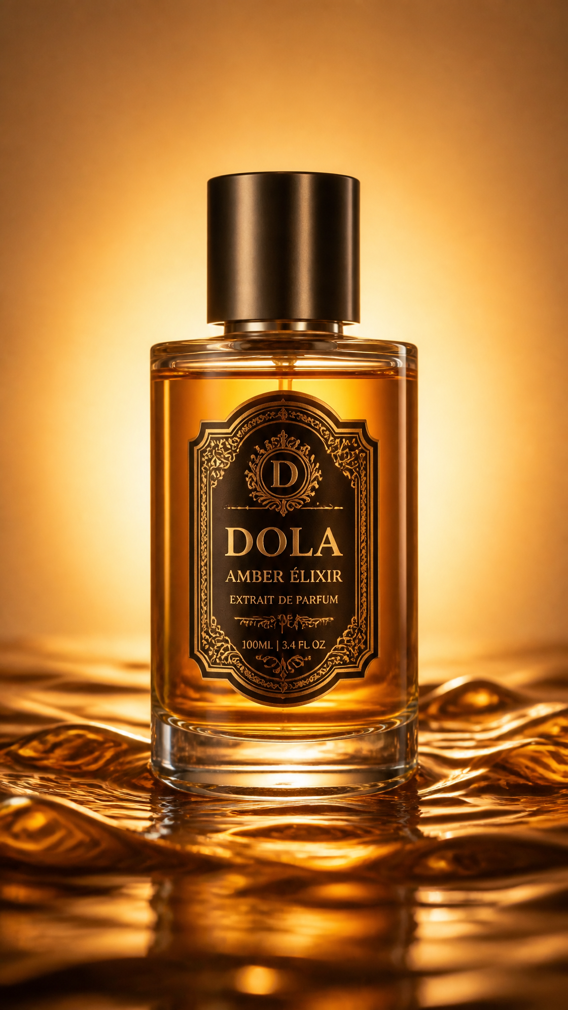 A cylindrical glass perfume bottle sits centered on a bed of
