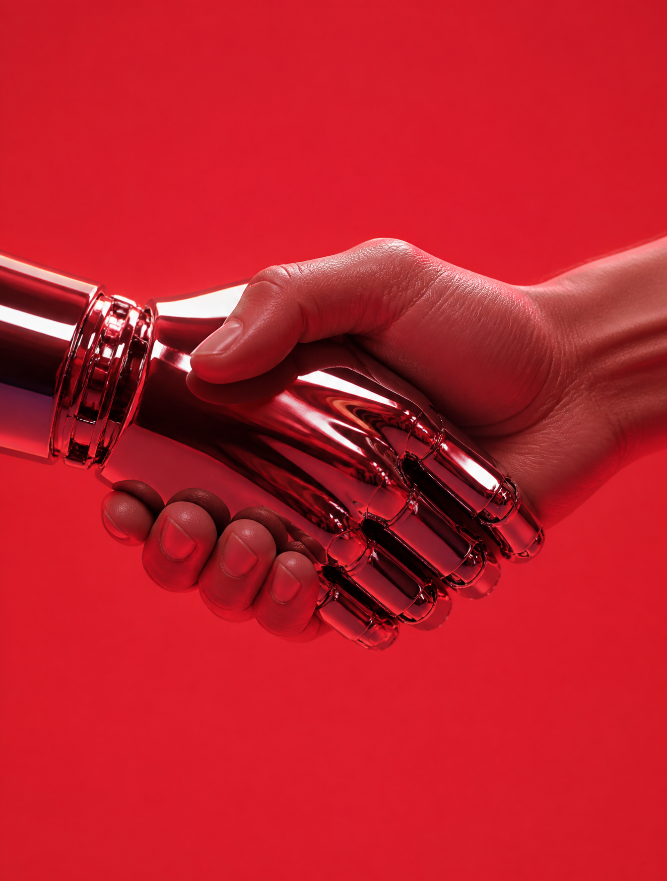 A human hand and a polished chrome robotic hand engage in a 