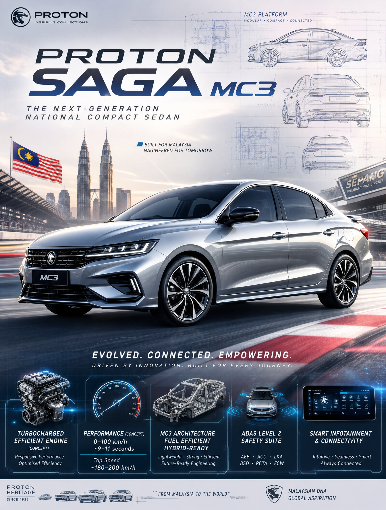 Create an epic premium automotive poster of Proton Saga MC3 