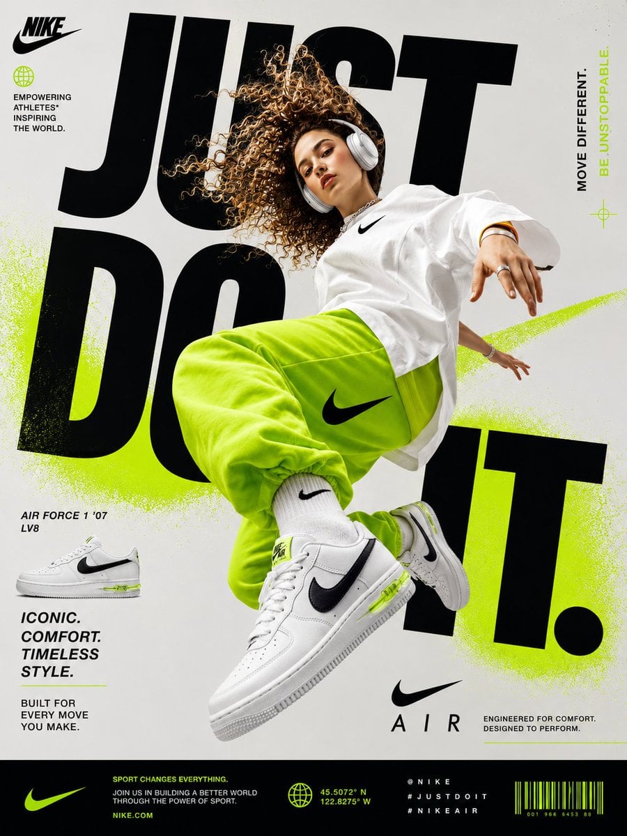 Generate a perfectly graphic designed poster of Nike Shoe ad
