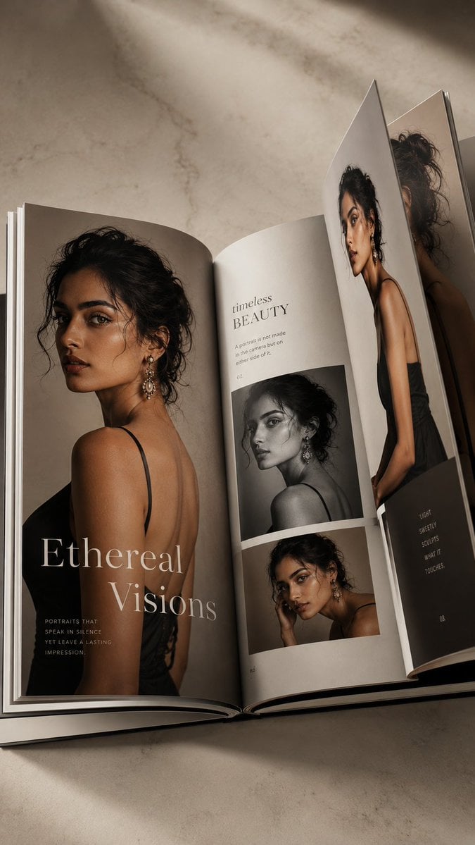 Luxury photorealistic coffee table book, open to two pages,
