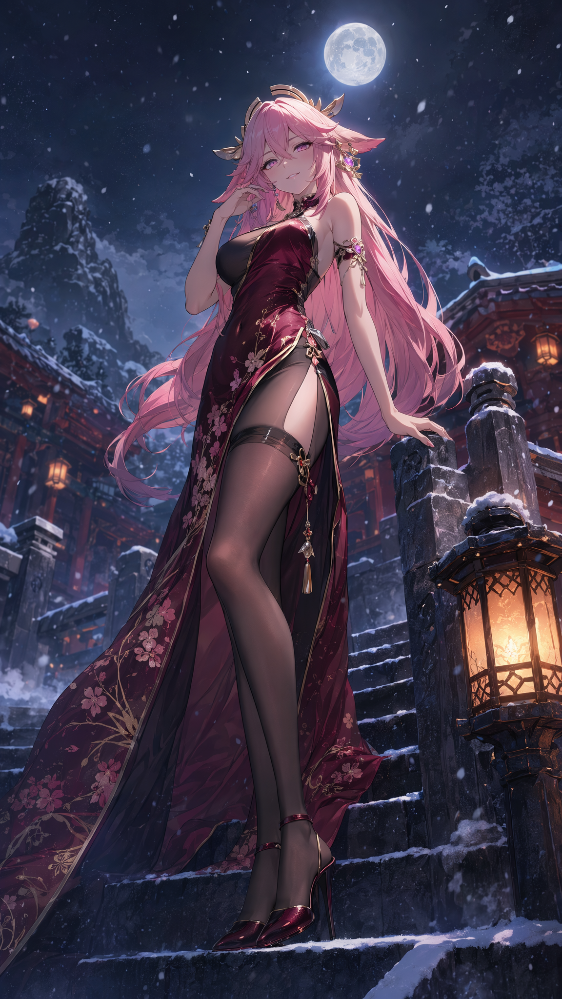 ### 八重神子|雪夜石阶高开衩礼服用途:手机壁纸 / image2 参考图工作流正向提示词:请使用输入参考图作为角色身