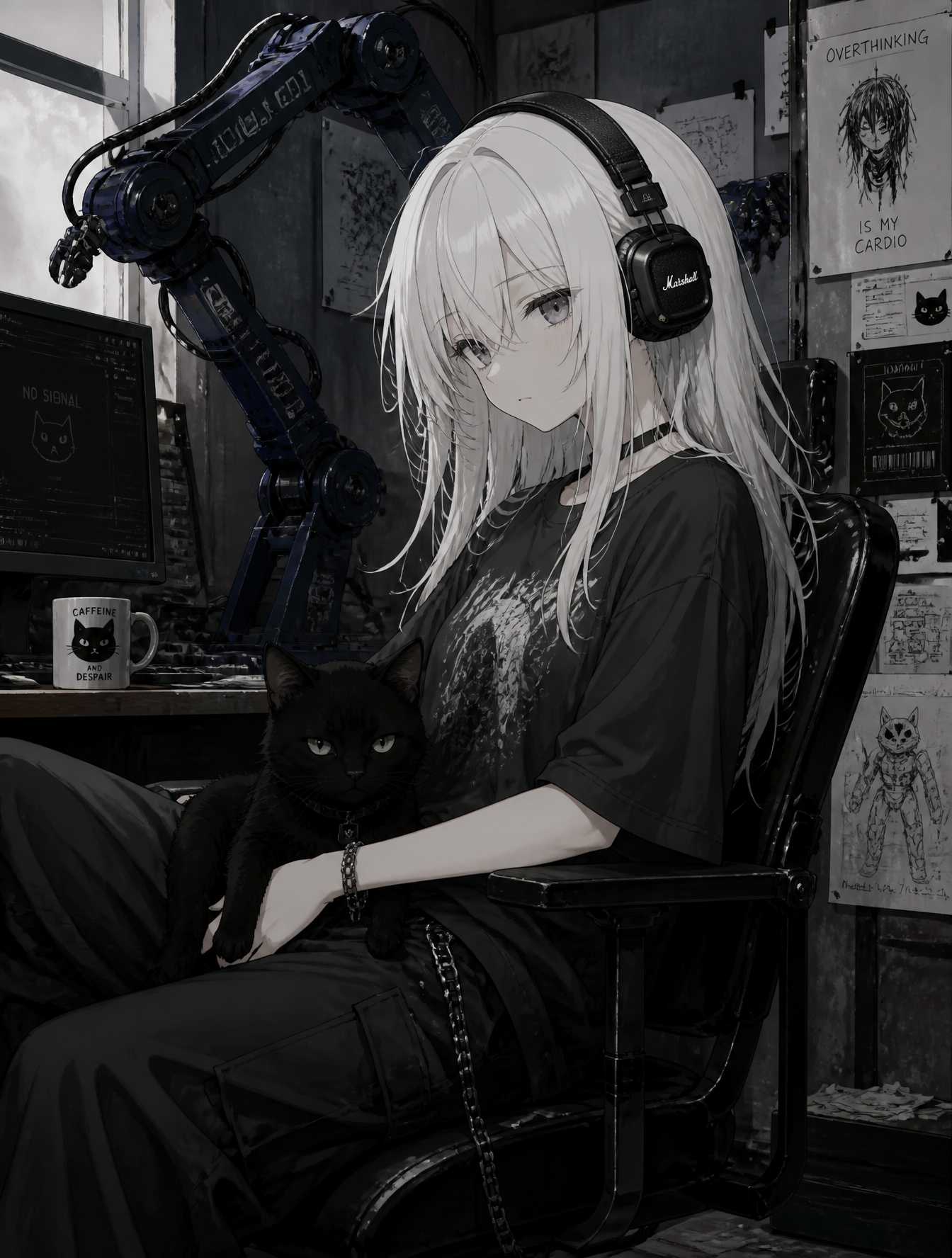 In this style, make the cat black, the color of the mechanic