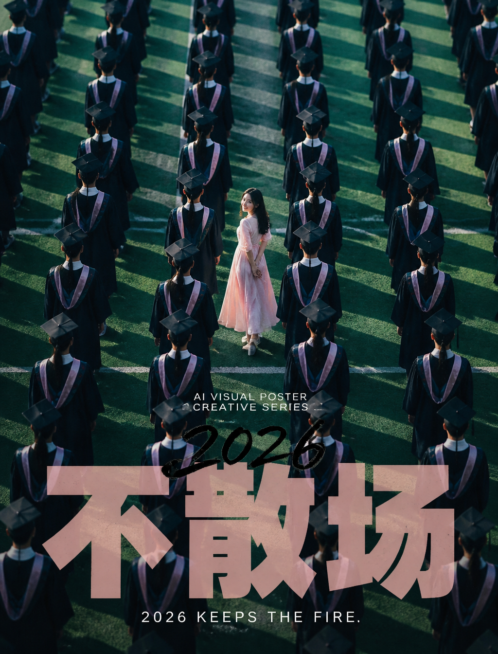 生成一张竖版 3:4 的成品概念海报。画面采用高角度俯视构图,主体是大量重复出现的穿藏青色学士服的毕业生,他们整齐排列在