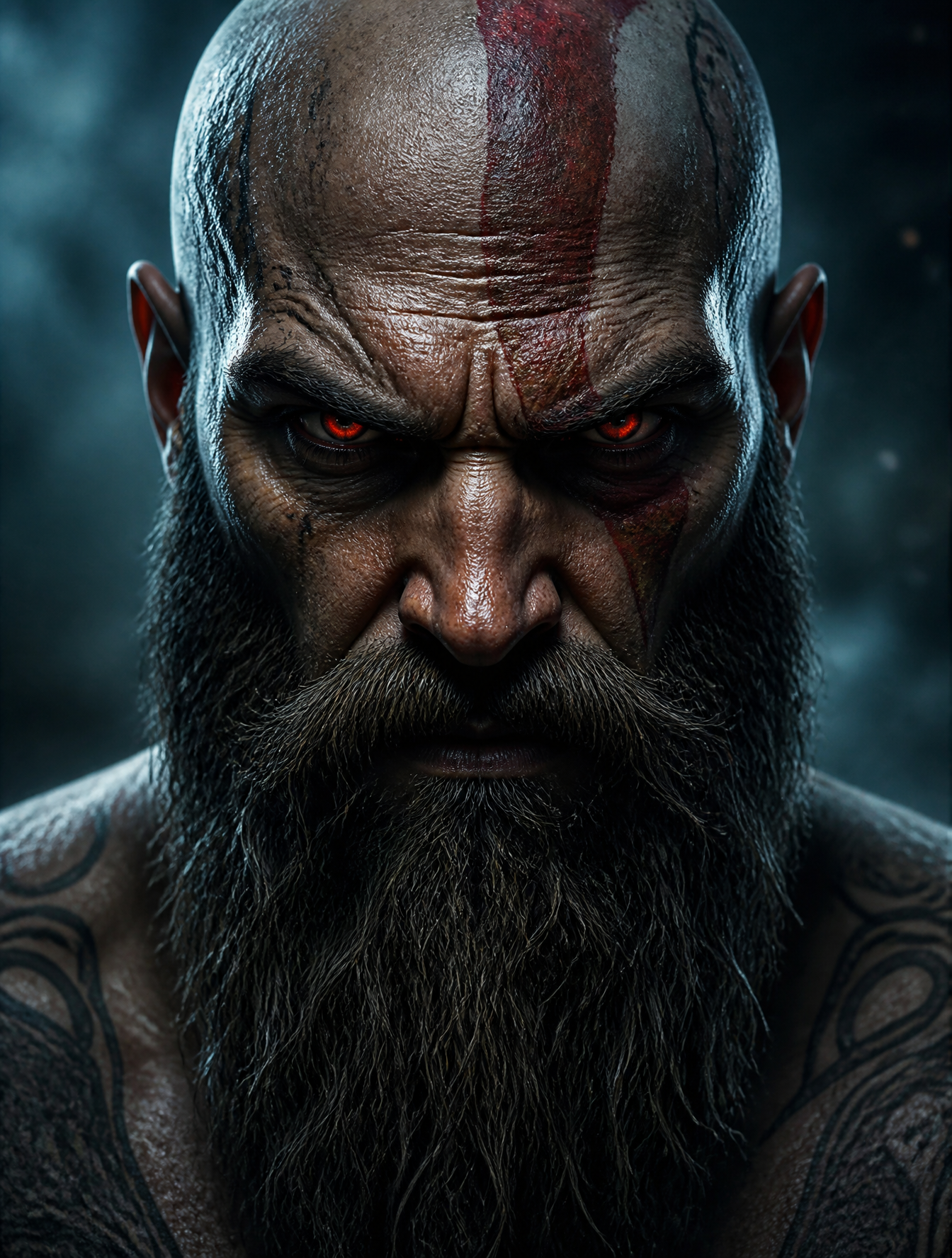 A rugged, bald warrior with a thick, textured beard dominate