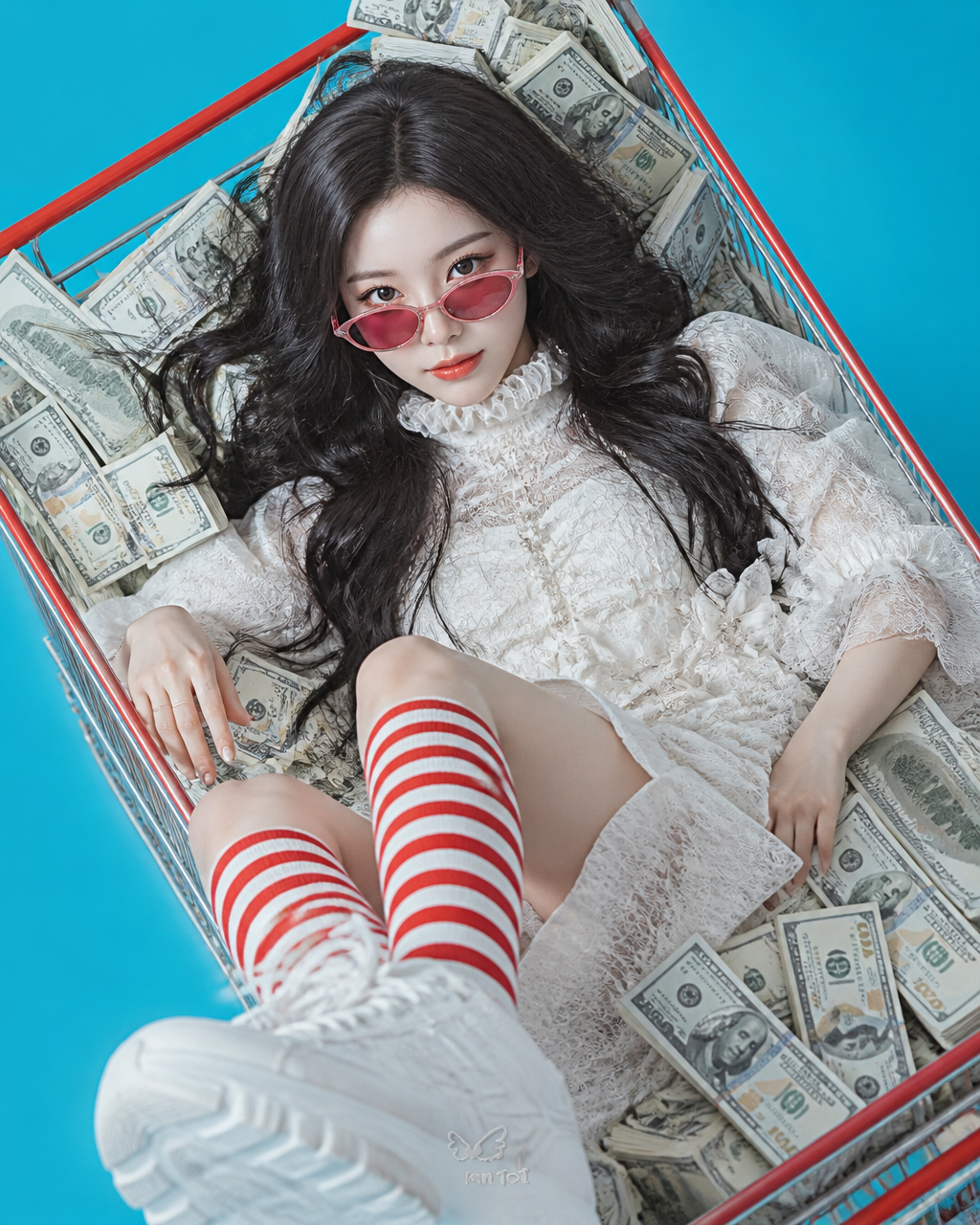 High-angle portrait of a young woman lying inside a red and 