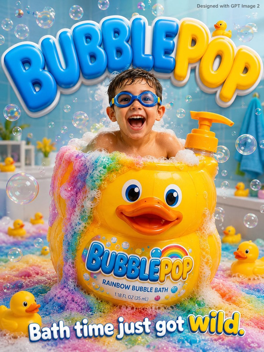 A fun bubbly kids advertisement poster. An excited young boy