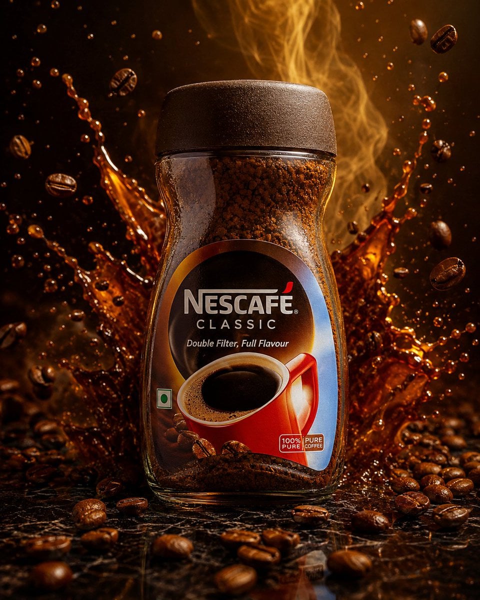 Ultra premium Nescafé coffee jar standing on a polished blac