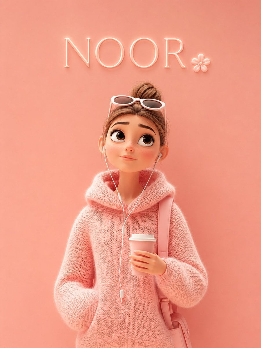A cute Pixar-style 3D cartoon girl standing against a soft p