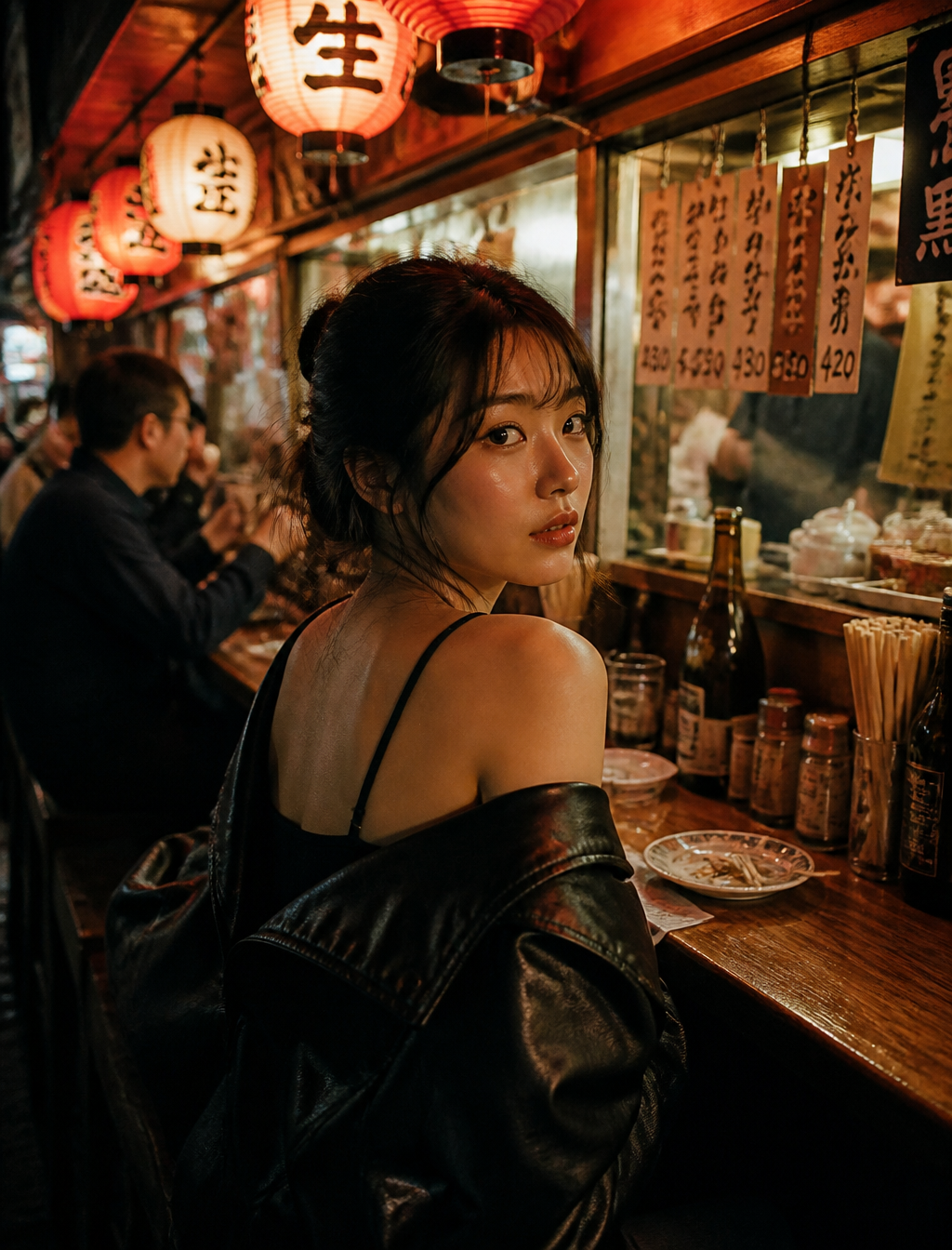 Prompt :A young "East Asian woman" with dark hair styled in