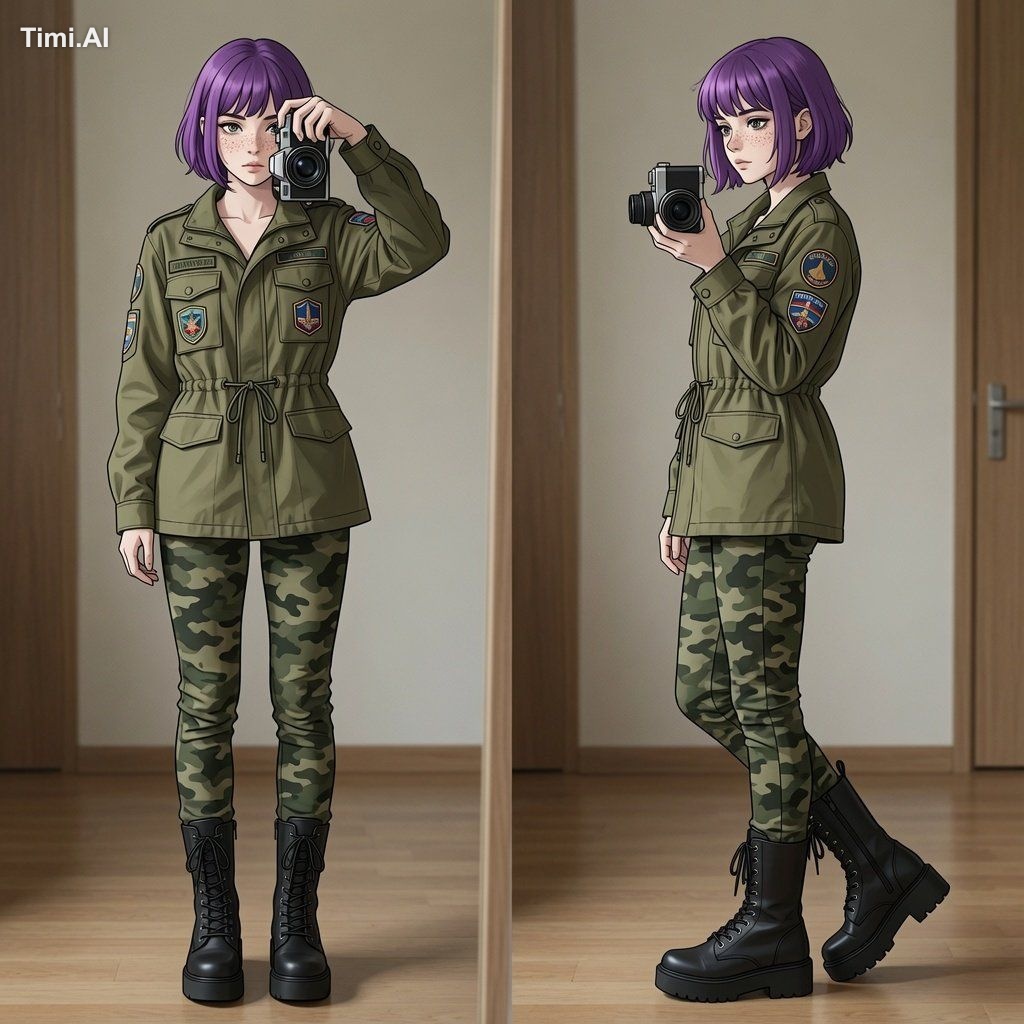 ​A side-by-side mirror selfie portrait in a minimalistic ani