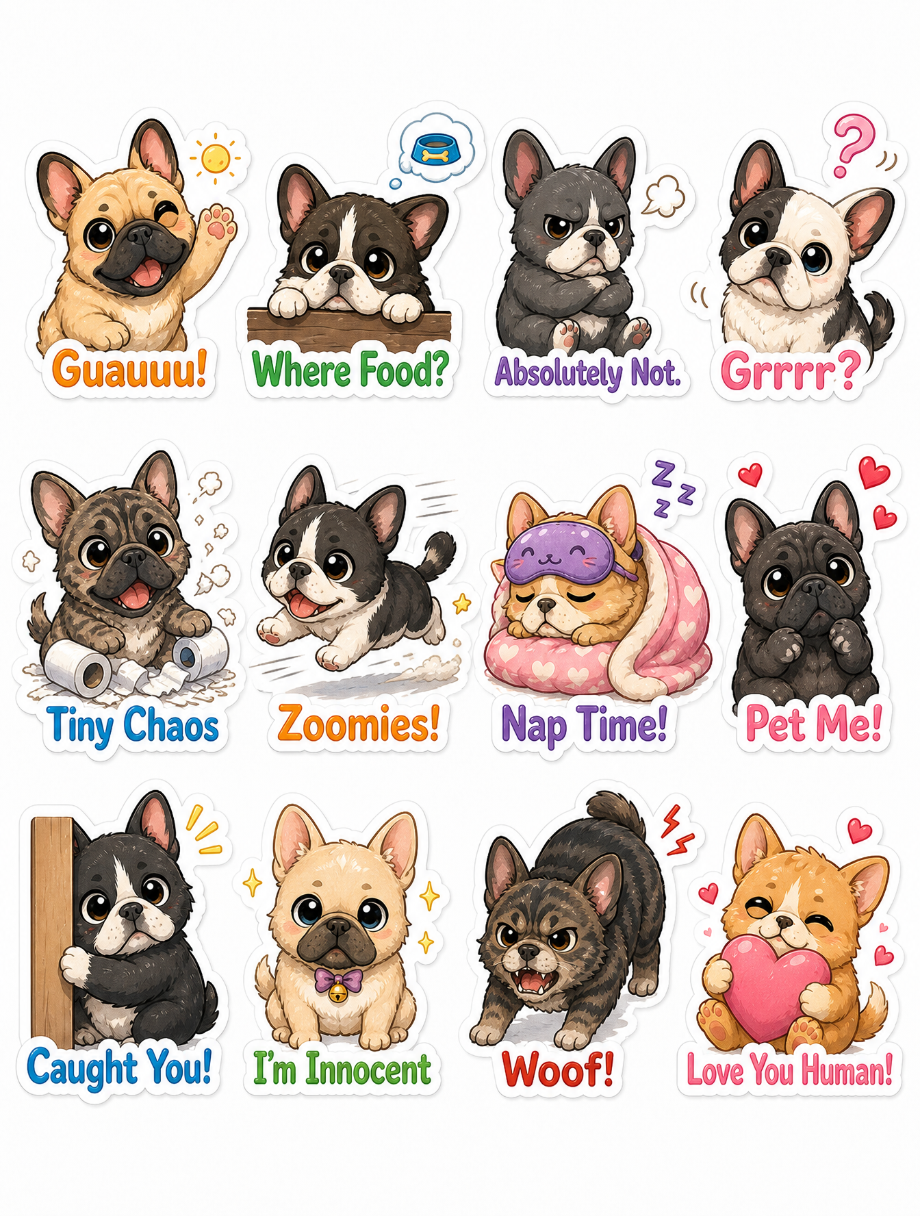 Cute illustrated chibi french bulldog sticker-pack, fluffy k