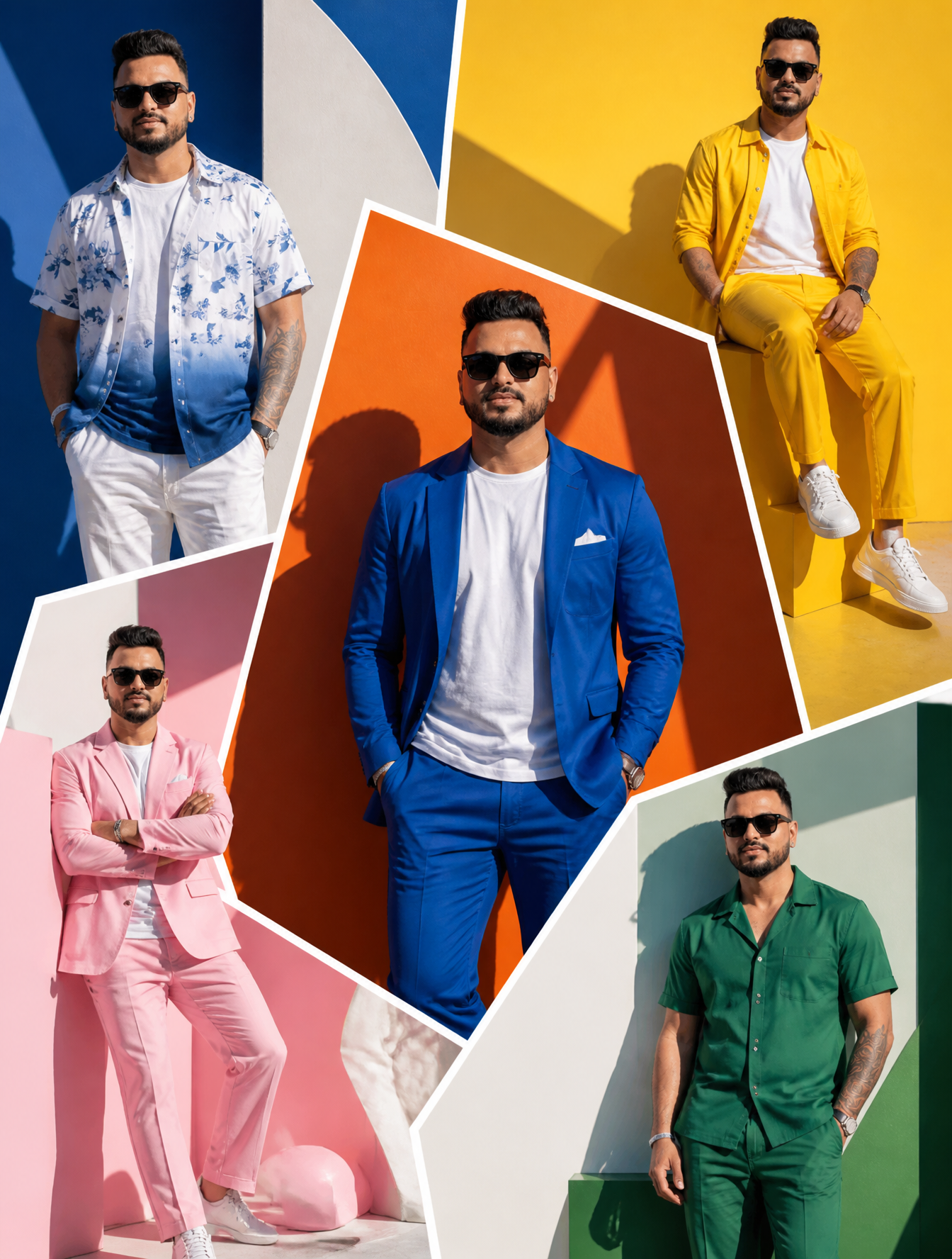 The SAME male model displayed across oversized random-shaped