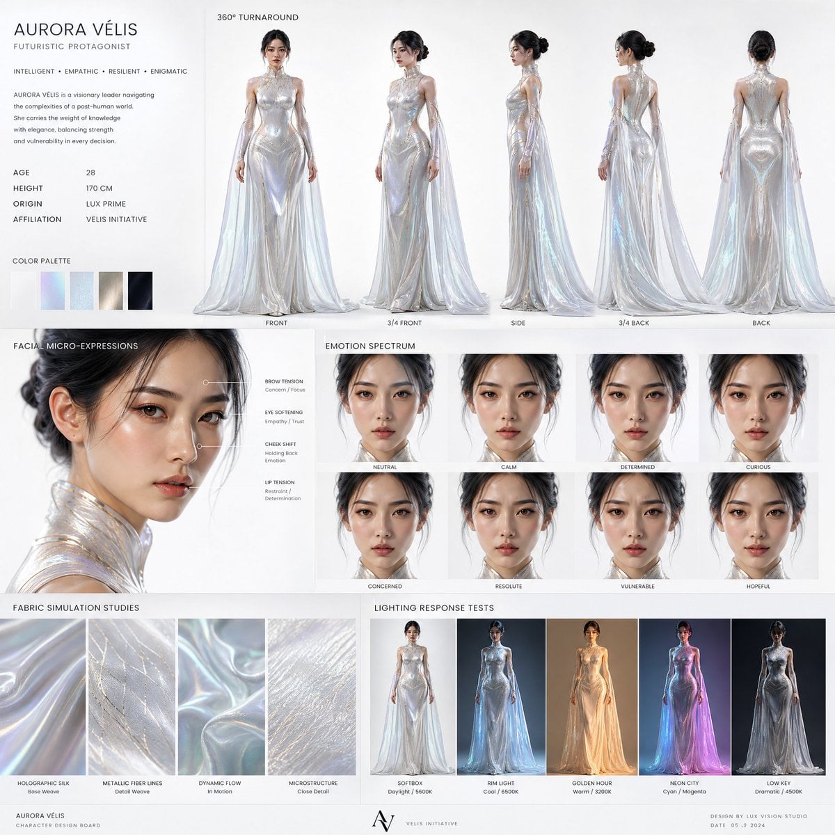 Create a high-end cinematic character design board of a futu