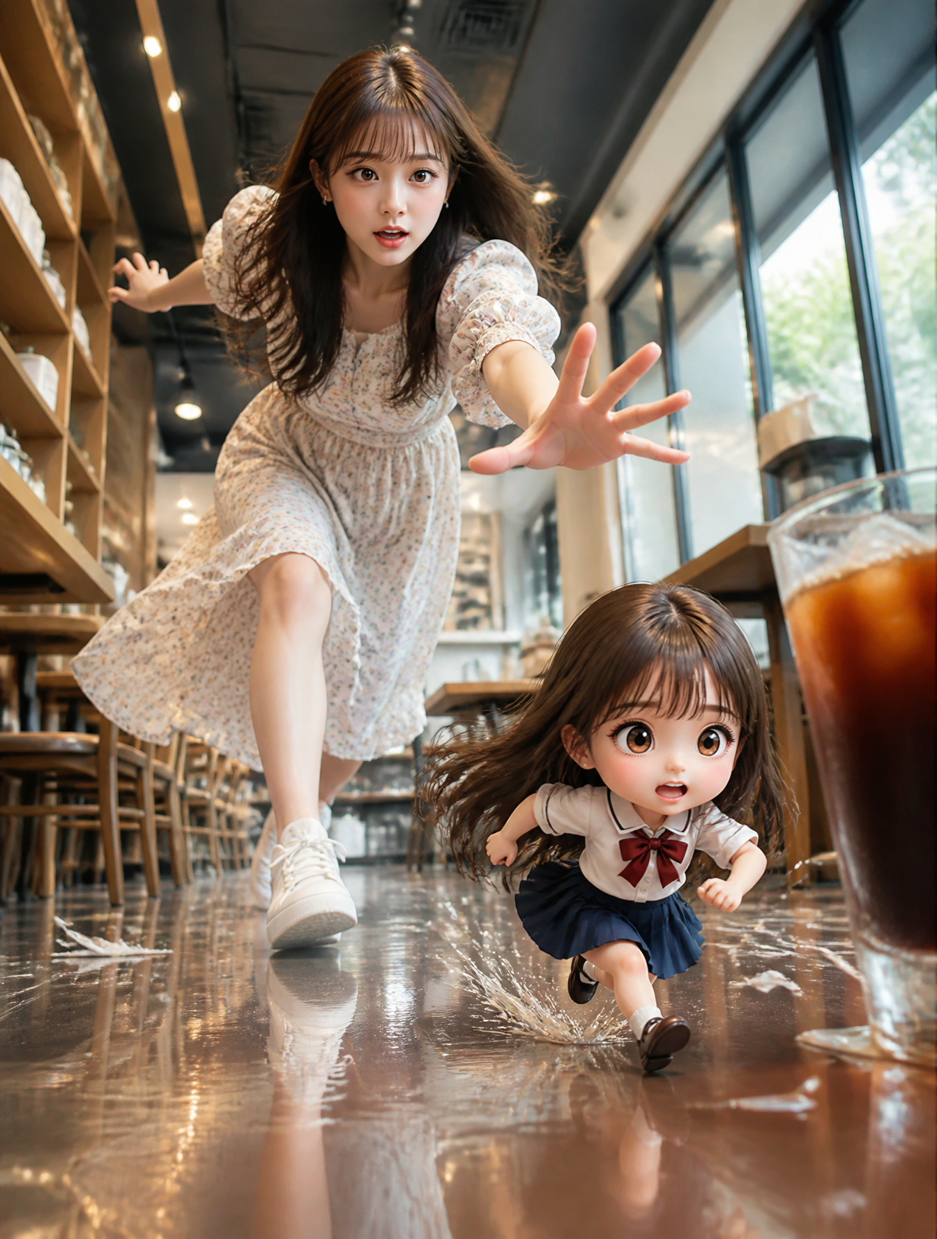 主题：咖啡厅里追赶自己迷你分身的女性 / 动态咖啡厅奇幻肖像

人物・表情：20多岁的女性，柔和的鹅蛋脸，棕色长发，透视