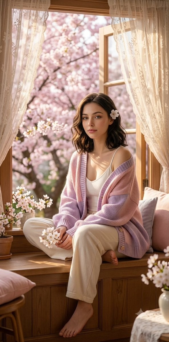 Ultra-realistic spring morning portrait of a beautiful young