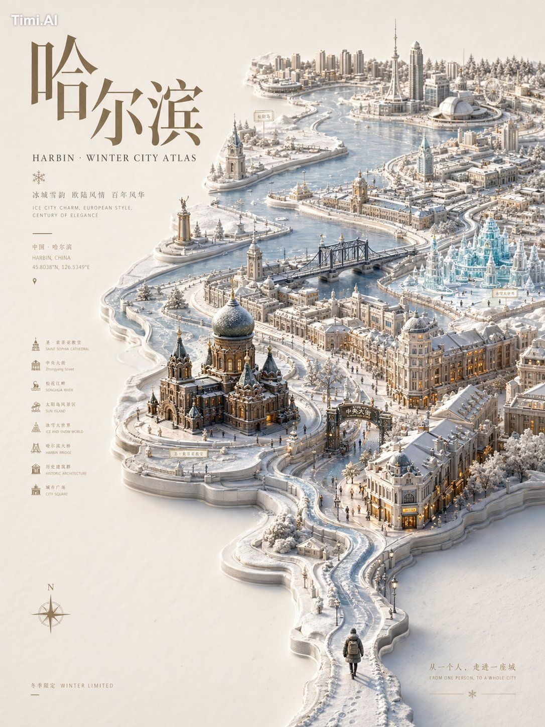 设计一张高级「立体浮雕城市地图海报 / Relief City Atlas Poster」,主题为【城市名称】的【季节主