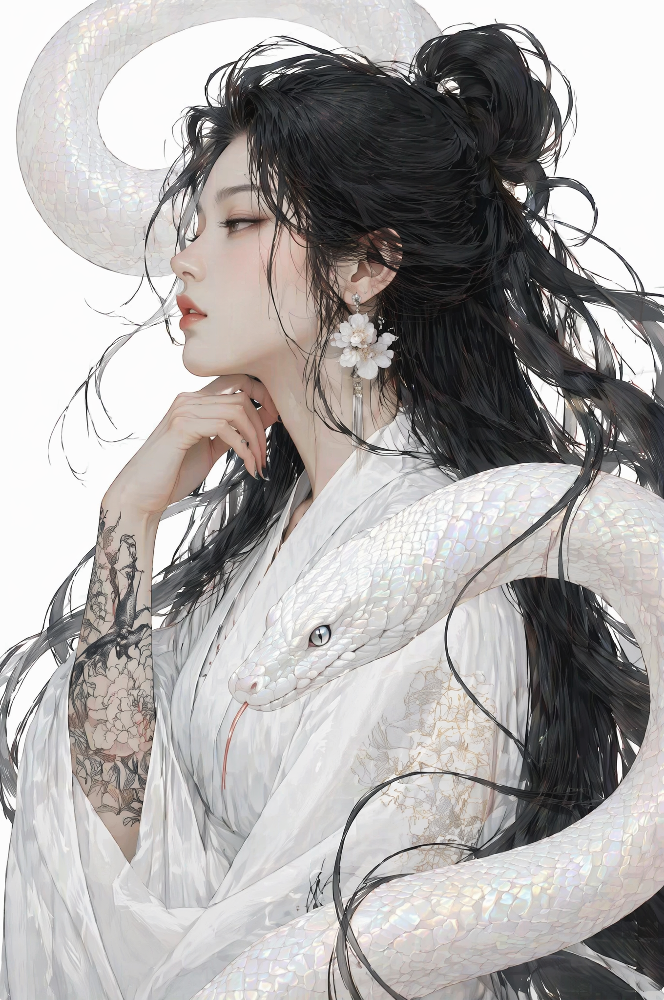 A woman with flowing, voluminous obsidian hair stands in pro