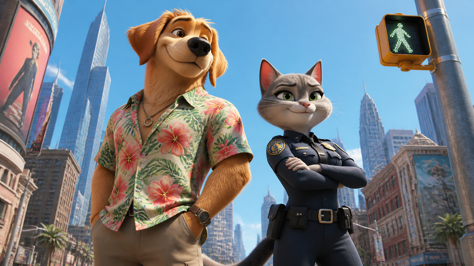 An anthropomorphic male dog and female cat duo stand confide