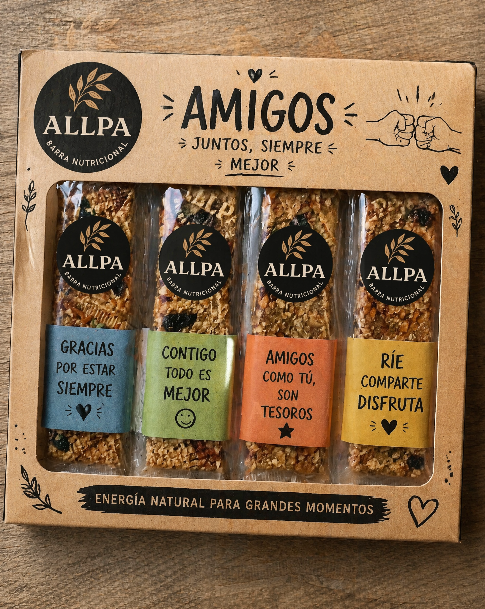 has un pack de 4 barras con tematica para los amigos
