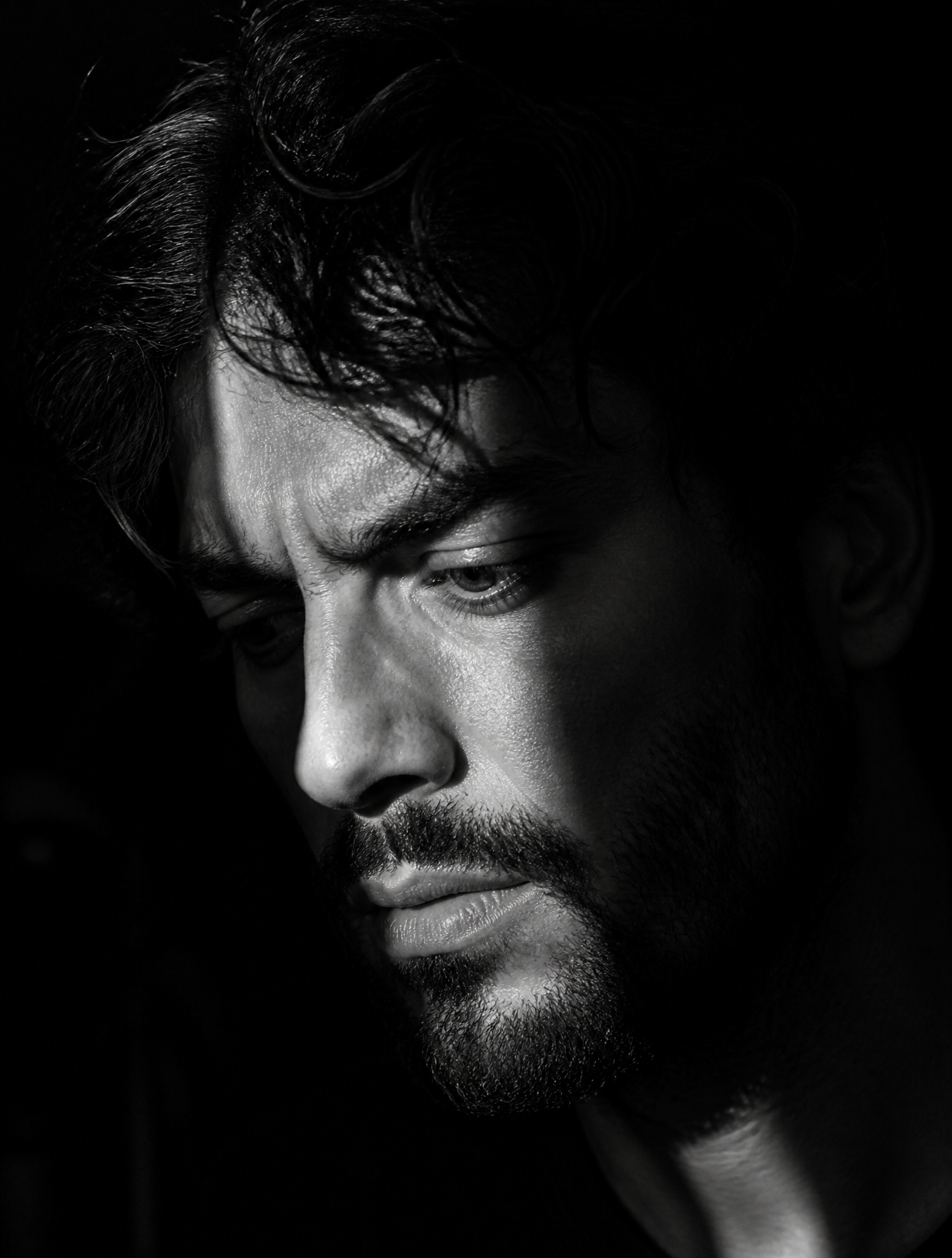 Close-up black and white portrait of a man use image face re